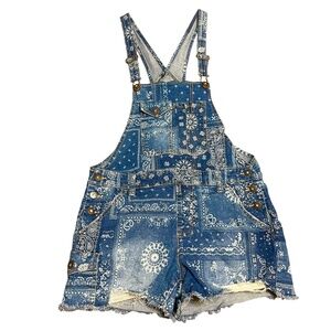 No Boundaries Denim Paisley Floral Shortalls Overalls Adj Strap Sz 7 - 9 Medium